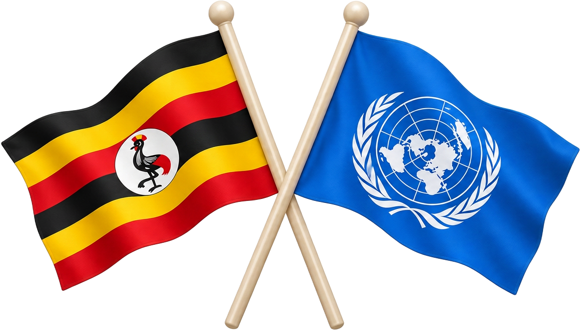 Crossed flags of Uganda and the United Nations
